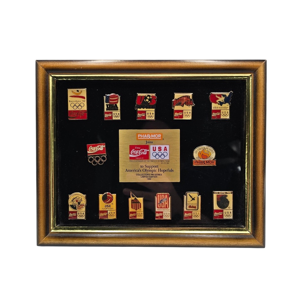 1992 Olympic Collector Pin Framed Set Coca-Cola Phar-Mor Limited Edition 13 Pins